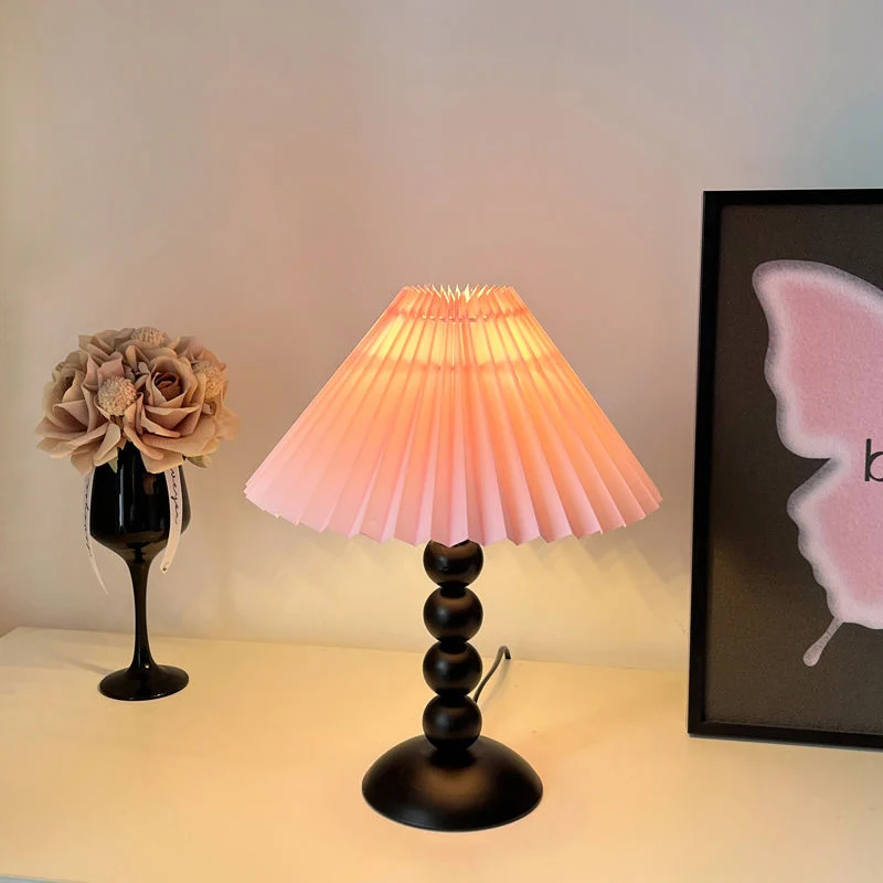 Traditional French Pleated Fabric Conical Shade Iron 1-Light Table Lamp For Bedroom