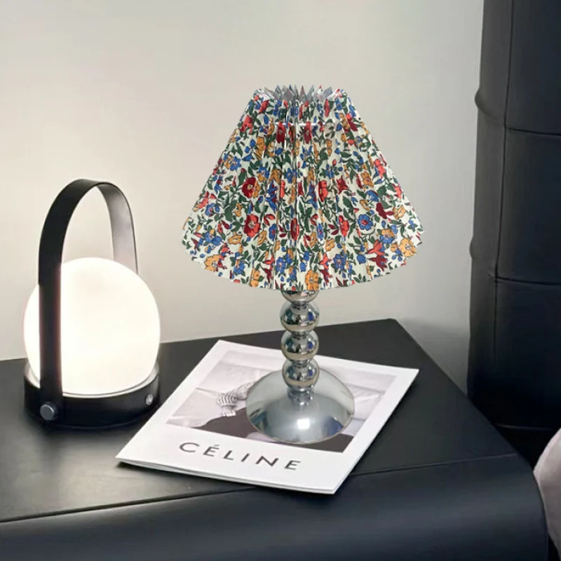 Traditional French Pleated Fabric Conical Shade Iron 1-Light Table Lamp For Bedroom