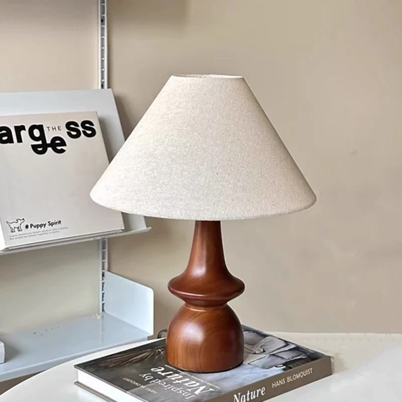 Traditional Vintage Fabric Conical Shade Solid Wood Base 1-Light Table Lamp For Bedroom