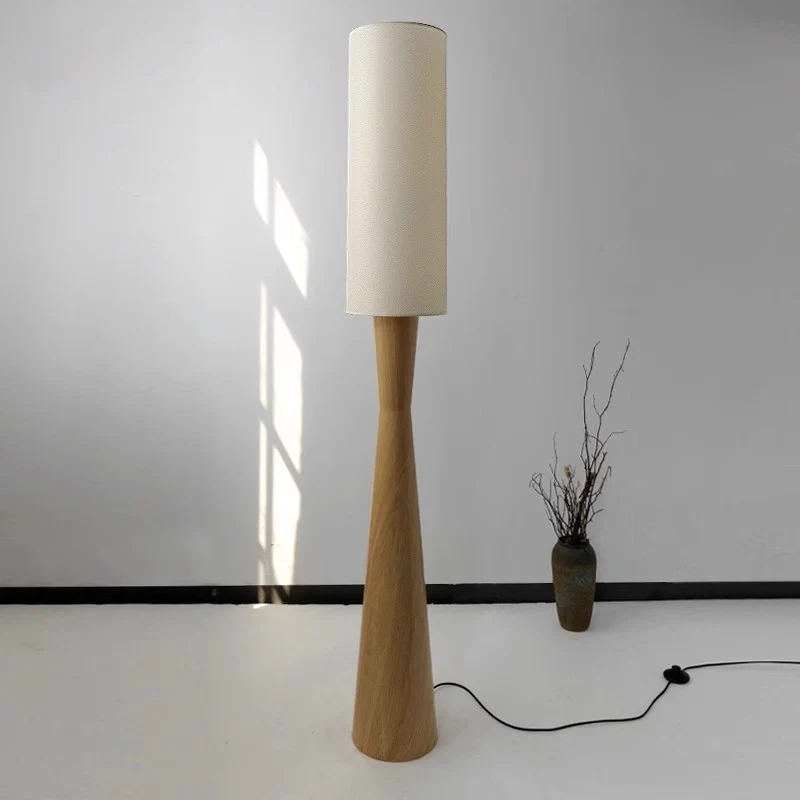 Traditional Japanese Fabric Cylinder Shade Iron Column 1-Light Standing Floor Lamp For Bedroom