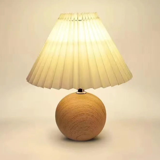 Contemporary Retro Pleated Fabric Conical Shade Walnut Wood Grain Base 1-Light Table Lamp For Bedroom