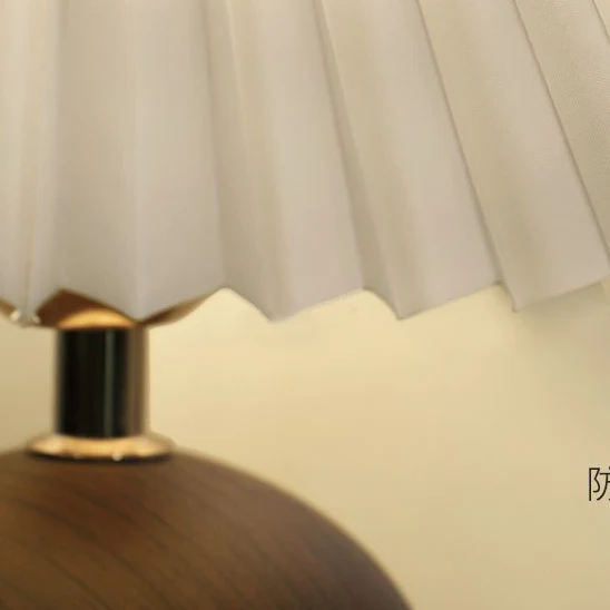 Contemporary Retro Pleated Fabric Conical Shade Walnut Wood Grain Base 1-Light Table Lamp For Bedroom