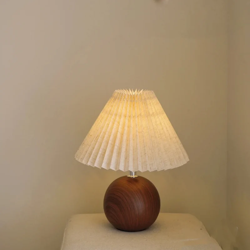 Contemporary Retro Pleated Fabric Conical Shade Walnut Wood Grain Base 1-Light Table Lamp For Bedroom