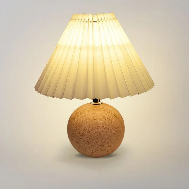 Contemporary Retro Pleated Fabric Conical Shade Walnut Wood Grain Base 1-Light Table Lamp For Bedroom