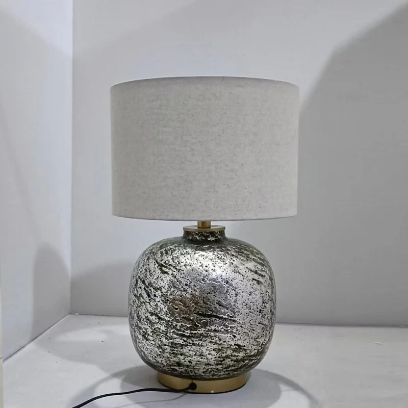 Modern Shabby Chic Glass Imitating Rock Stone Texture Fabric Round Shade 1-Light Table Lamp For Bedroom