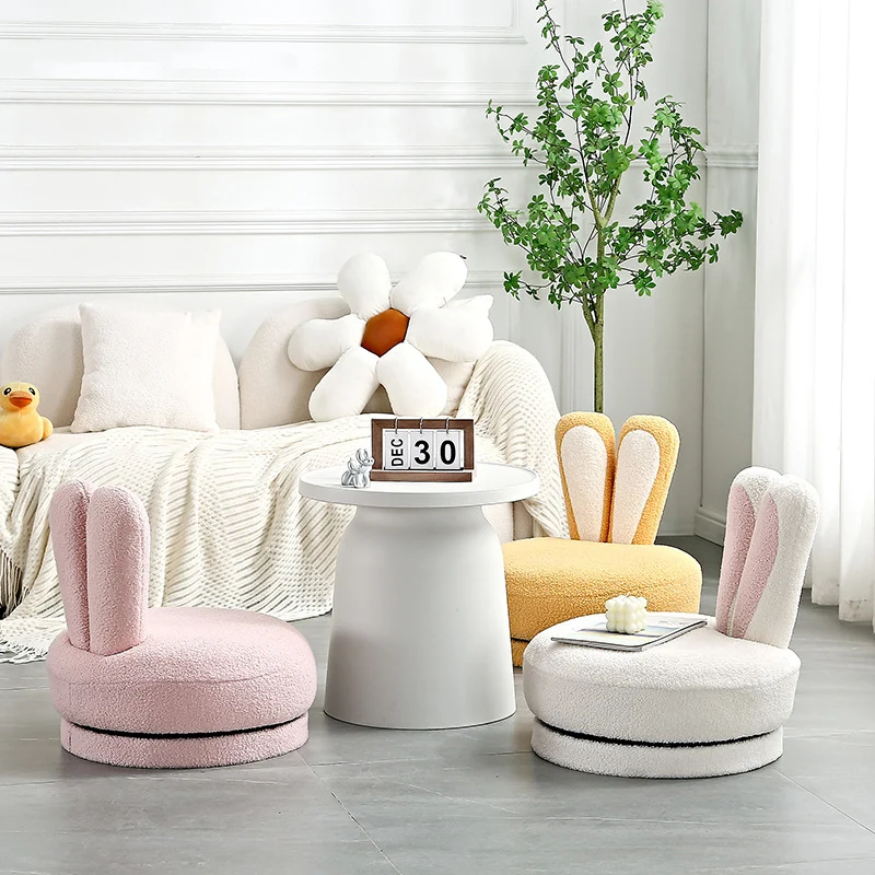 Contemporary Creative Round Rabbit Ears Swivel Sherpa Fabric Solid Wood Low Stool Backrest Armless For Living Room