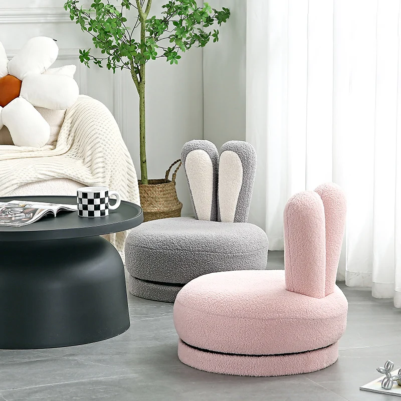 Contemporary Creative Round Rabbit Ears Swivel Sherpa Fabric Solid Wood Low Stool Backrest Armless For Living Room