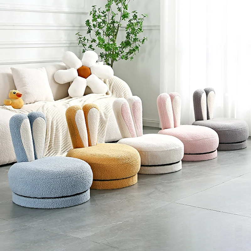 Contemporary Creative Round Rabbit Ears Swivel Sherpa Fabric Solid Wood Low Stool Backrest Armless For Living Room