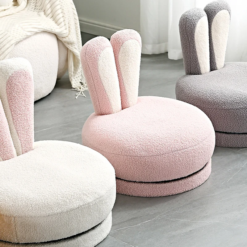 Contemporary Creative Round Rabbit Ears Swivel Sherpa Fabric Solid Wood Low Stool Backrest Armless For Living Room