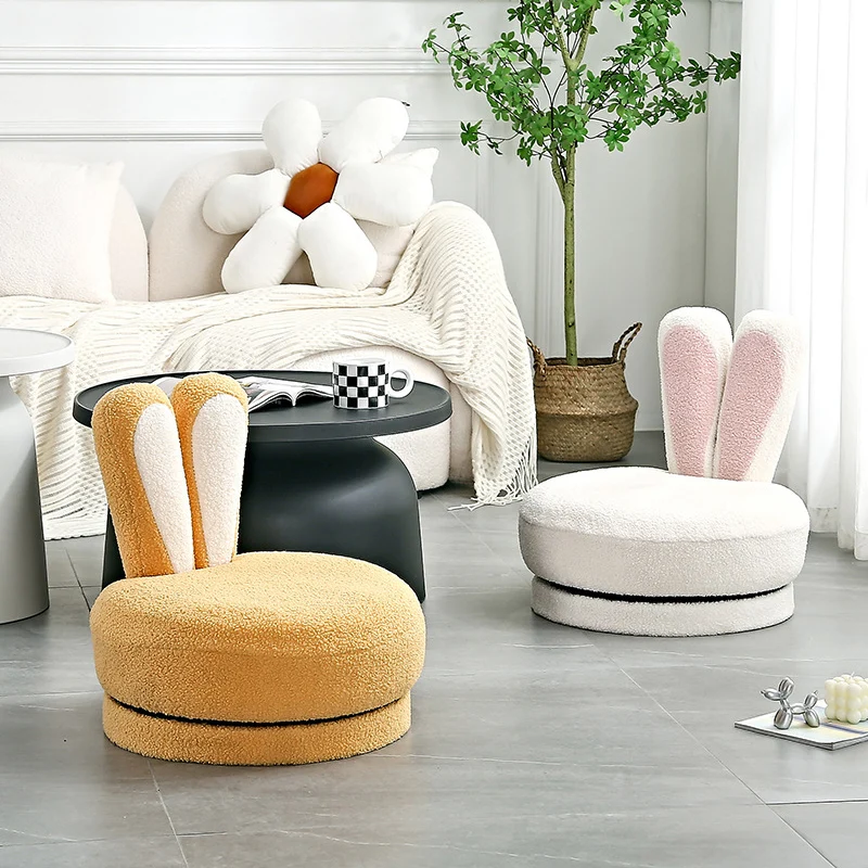 Contemporary Creative Round Rabbit Ears Swivel Sherpa Fabric Solid Wood Low Stool Backrest Armless For Living Room