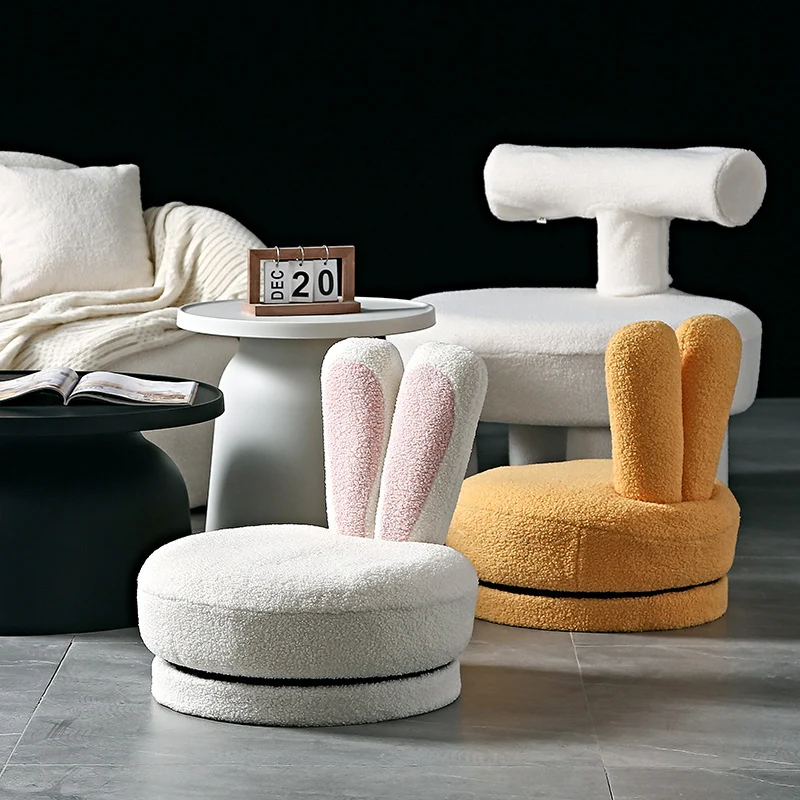 Contemporary Creative Round Rabbit Ears Swivel Sherpa Fabric Solid Wood Low Stool Backrest Armless For Living Room