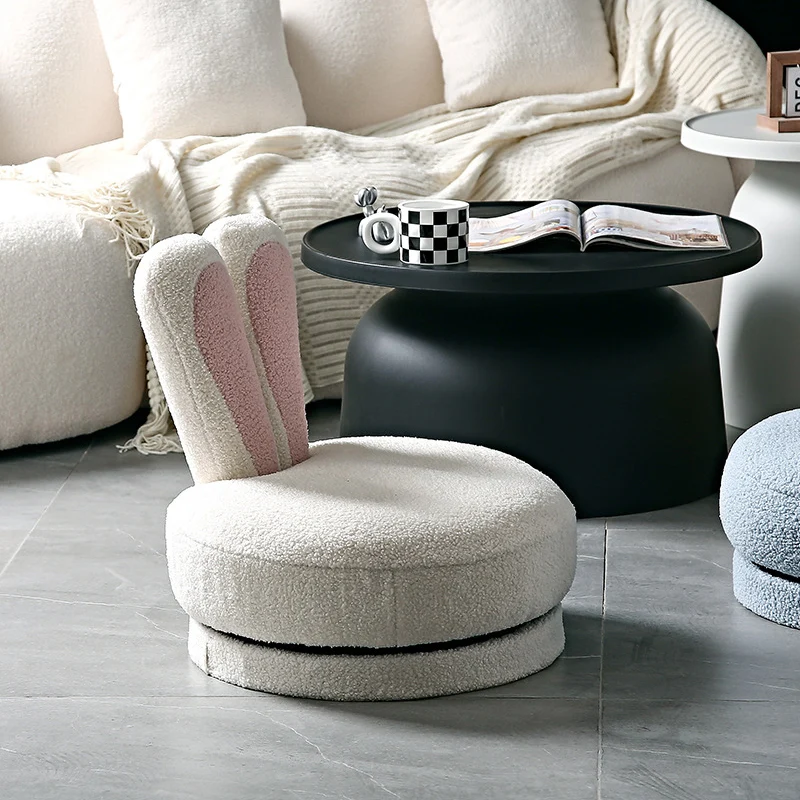 Contemporary Creative Round Rabbit Ears Swivel Sherpa Fabric Solid Wood Low Stool Backrest Armless For Living Room