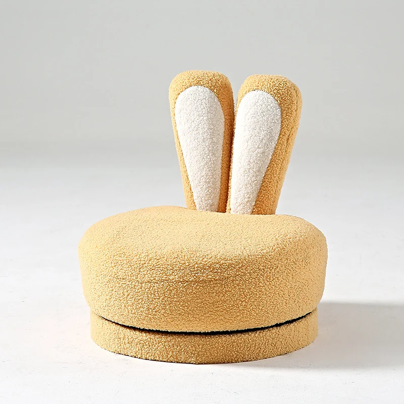 Contemporary Creative Round Rabbit Ears Swivel Sherpa Fabric Solid Wood Low Stool Backrest Armless For Living Room