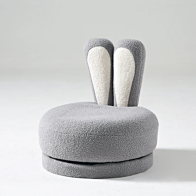 Contemporary Creative Round Rabbit Ears Swivel Sherpa Fabric Solid Wood Low Stool Backrest Armless For Living Room