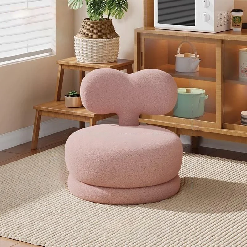 Contemporary Creative Round Rabbit Ears Bow Swivel Sherpa Fabric Pine Low Stool Backrest Armless For Living Room