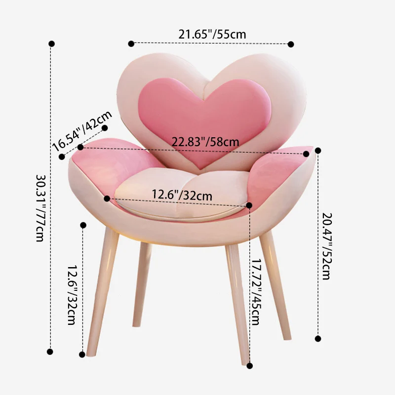 Contemporary Nordic Love Heart Velvet Fabric Pine Wood Carbon Steel Vanity Stool Backrest Armrest For Bedroom