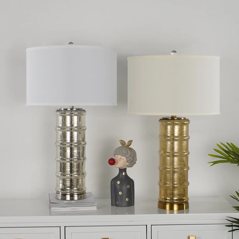 Contemporary Nordic Cylinder Fabric Shade Glass Metal Base 1-Light Table Lamp For Bedroom