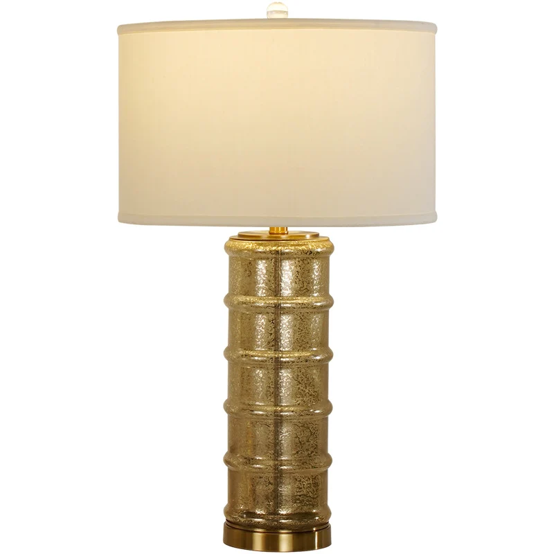 Contemporary Nordic Cylinder Fabric Shade Glass Metal Base 1-Light Table Lamp For Bedroom