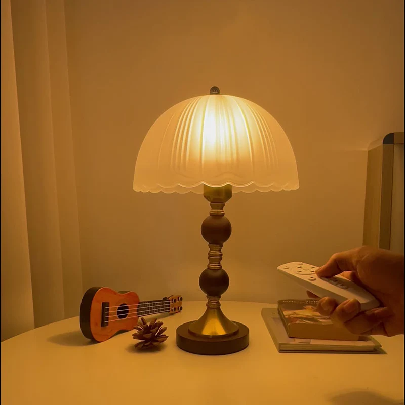 Modern Mid-Century Dome Glass Shade Rubberwood Iron Base 1-Light Table Lamp For Bedroom