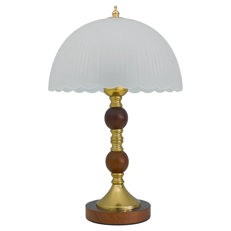 Modern Mid-Century Dome Glass Shade Rubberwood Iron Base 1-Light Table Lamp For Bedroom