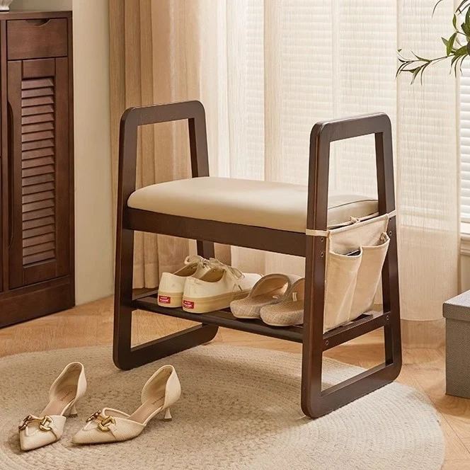 Modern Minimalist Leather Solid Wood Trapezoid Bench Shoe Stool With Armrest 1-Shelf For Living Room