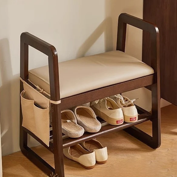 Modern Minimalist Leather Solid Wood Trapezoid Bench Shoe Stool With Armrest 1-Shelf For Living Room