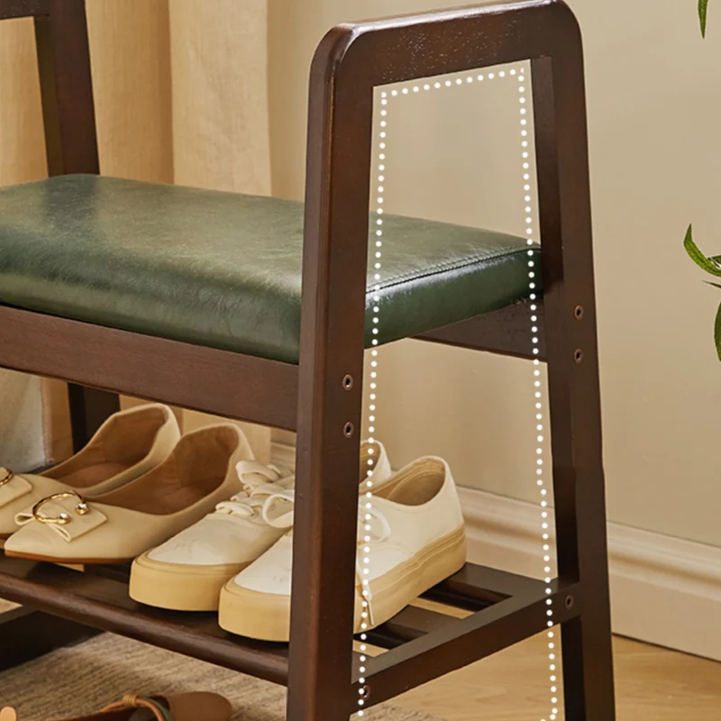 Modern Minimalist Leather Solid Wood Trapezoid Bench Shoe Stool With Armrest 1-Shelf For Living Room