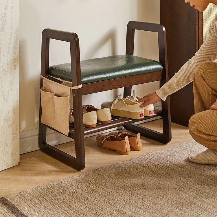 Modern Minimalist Leather Solid Wood Trapezoid Bench Shoe Stool With Armrest 1-Shelf For Living Room