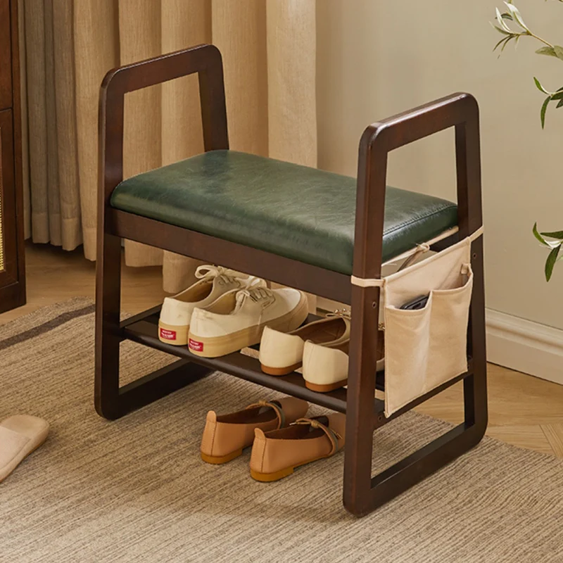 Modern Minimalist Leather Solid Wood Trapezoid Bench Shoe Stool With Armrest 1-Shelf For Living Room