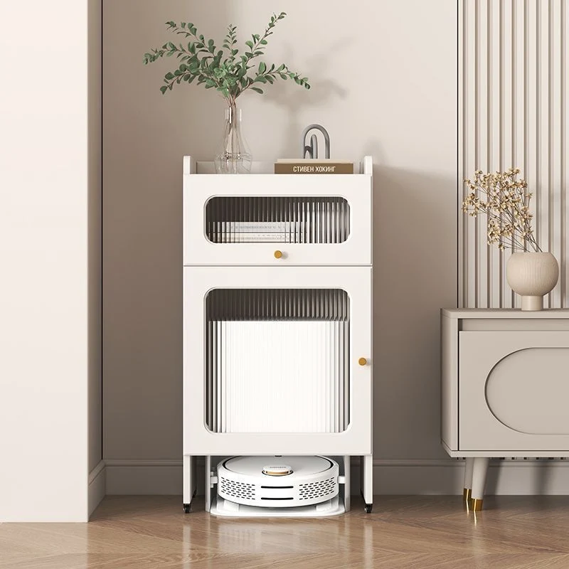 Contemporary Nordic Striped Glass Slab And Particle Board Side Table 1/2 Cabinet With Silent Wheels For Living Room