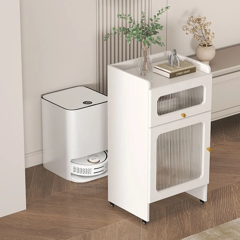 Contemporary Nordic Striped Glass Slab And Particle Board Side Table 1/2 Cabinet With Silent Wheels For Living Room