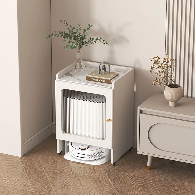 Contemporary Nordic Striped Glass Slab And Particle Board Side Table 1/2 Cabinet With Silent Wheels For Living Room