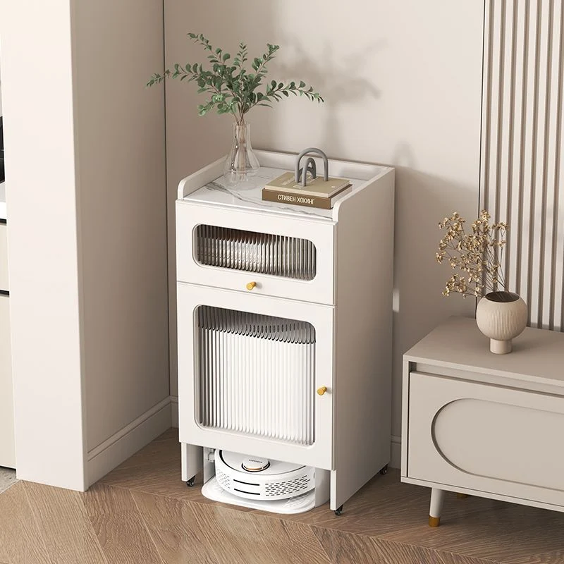 Contemporary Nordic Striped Glass Slab And Particle Board Side Table 1/2 Cabinet With Silent Wheels For Living Room