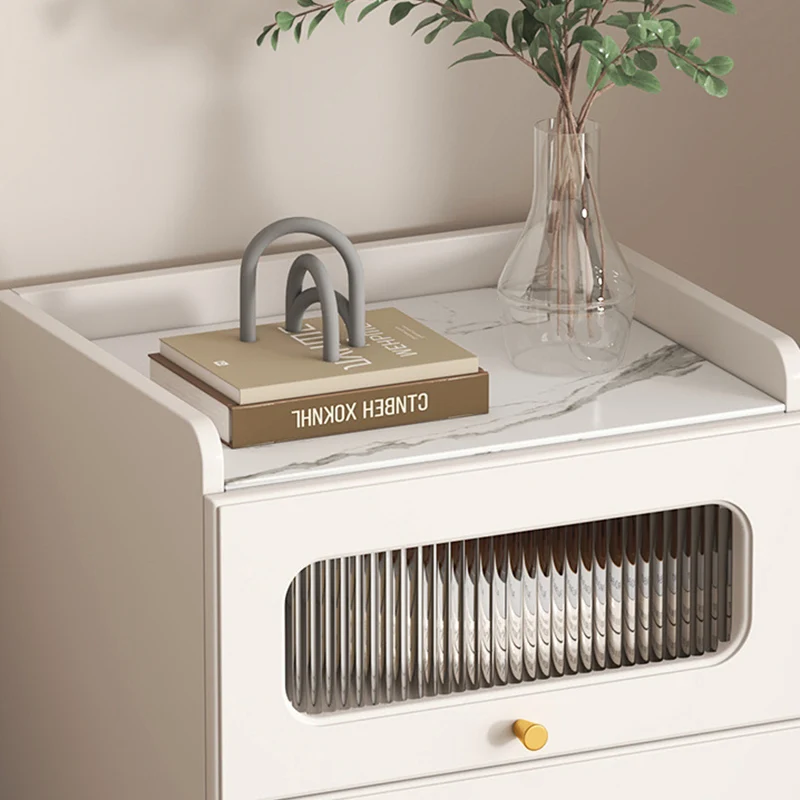 Contemporary Nordic Striped Glass Slab And Particle Board Side Table 1/2 Cabinet With Silent Wheels For Living Room