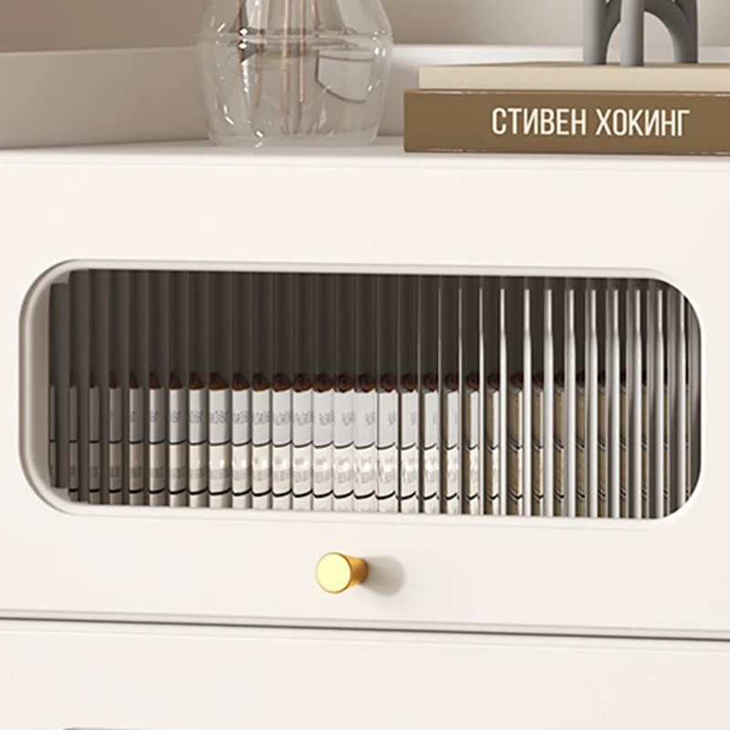 Contemporary Nordic Striped Glass Slab And Particle Board Side Table 1/2 Cabinet With Silent Wheels For Living Room