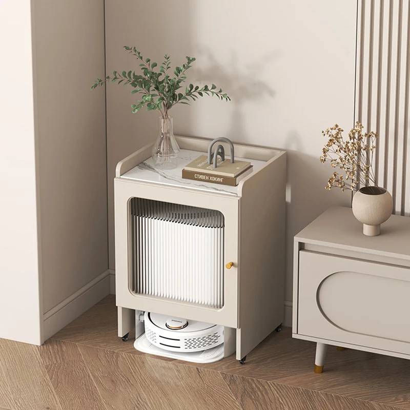 Contemporary Nordic Striped Glass Slab And Particle Board Side Table 1/2 Cabinet With Silent Wheels For Living Room