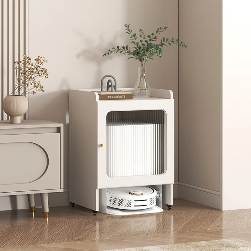 Contemporary Nordic Striped Glass Slab And Particle Board Side Table 1/2 Cabinet With Silent Wheels For Living Room