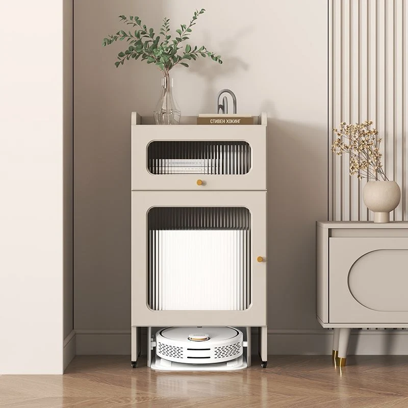 Contemporary Nordic Striped Glass Slab And Particle Board Side Table 1/2 Cabinet With Silent Wheels For Living Room