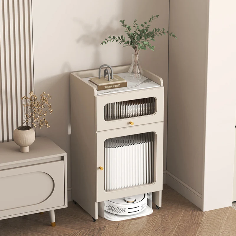 Contemporary Nordic Striped Glass Slab And Particle Board Side Table 1/2 Cabinet With Silent Wheels For Living Room