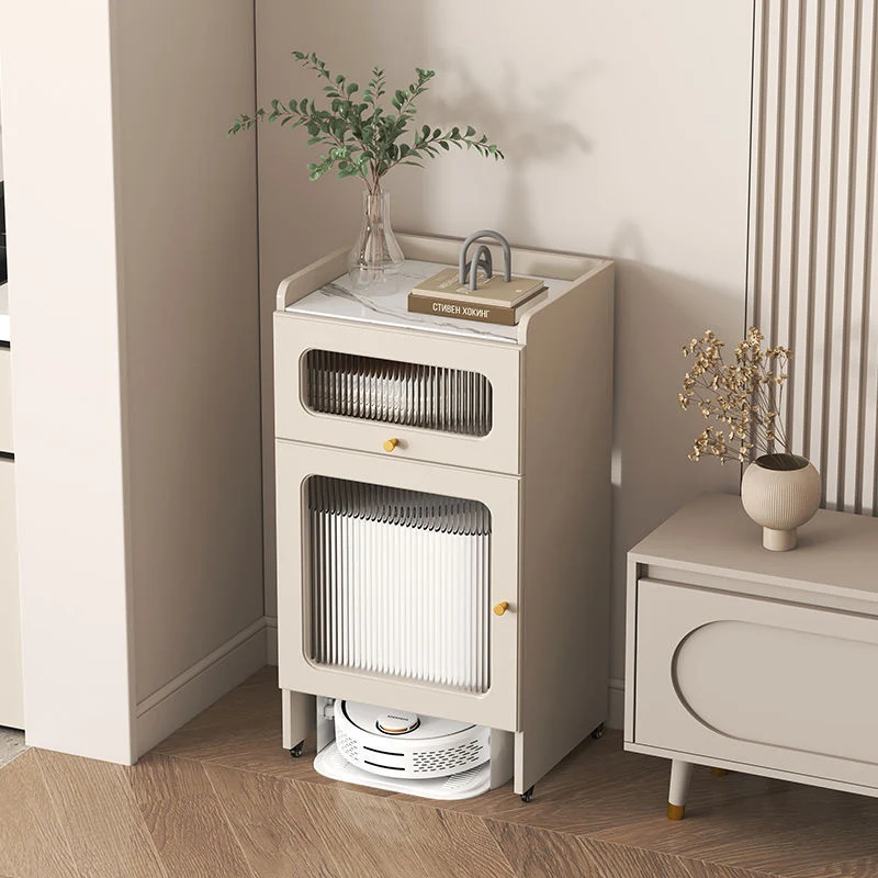 Contemporary Nordic Striped Glass Slab And Particle Board Side Table 1/2 Cabinet With Silent Wheels For Living Room
