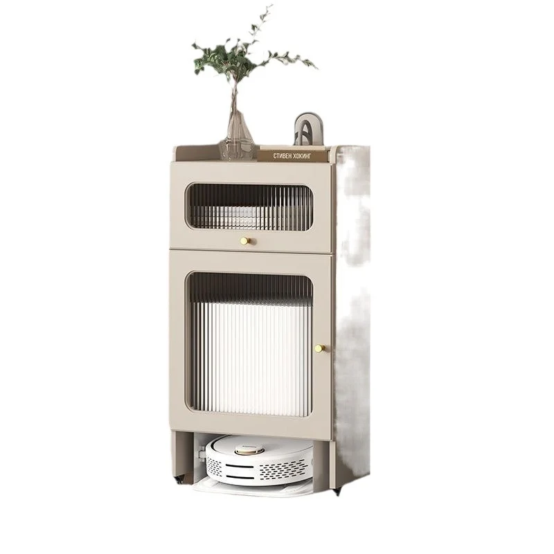 Contemporary Nordic Striped Glass Slab And Particle Board Side Table 1/2 Cabinet With Silent Wheels For Living Room