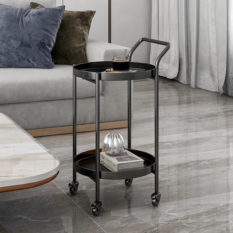 Contemporary Nordic Iron Round Movable Side Table With 2/3 Tier Storage For Living Room