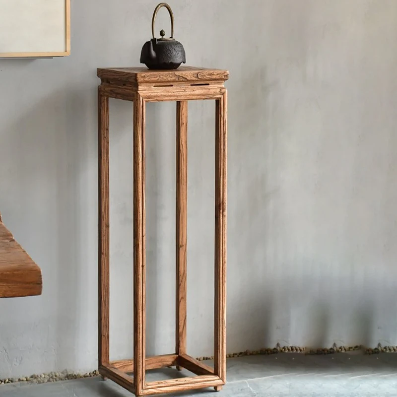 Traditional Vintage Elm Wood Square Side Table Plant Shelf With Natural Texture For Living Room & Balcony