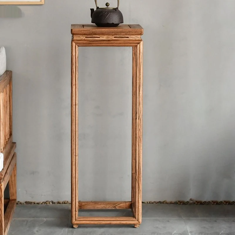 Traditional Vintage Elm Wood Square Side Table Plant Shelf With Natural Texture For Living Room & Balcony