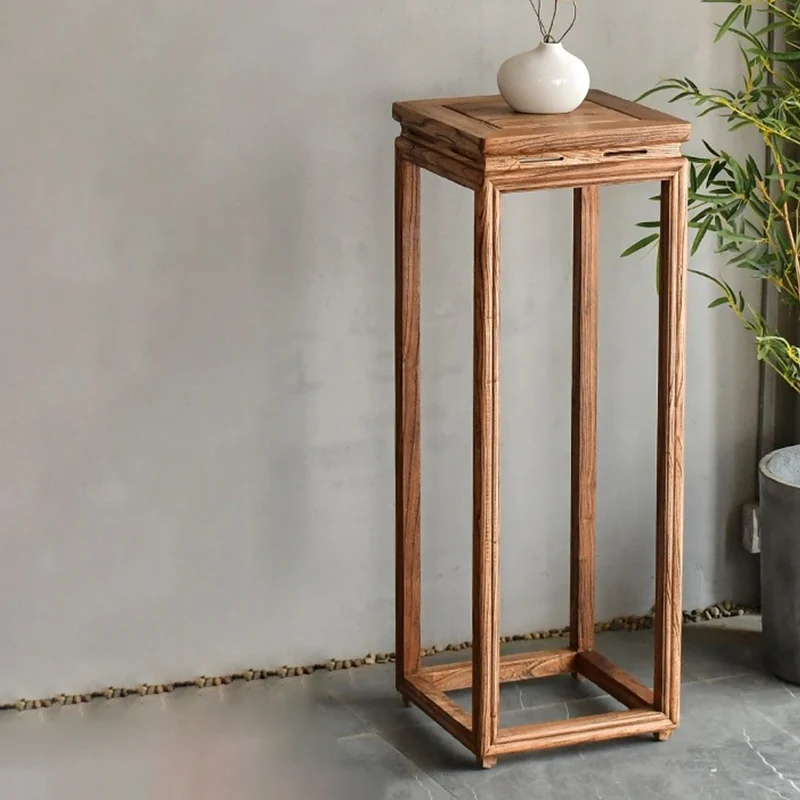 Traditional Vintage Elm Wood Square Side Table Plant Shelf With Natural Texture For Living Room & Balcony