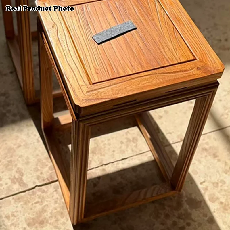 Traditional Vintage Elm Wood Square Side Table Plant Shelf With Natural Texture For Living Room & Balcony