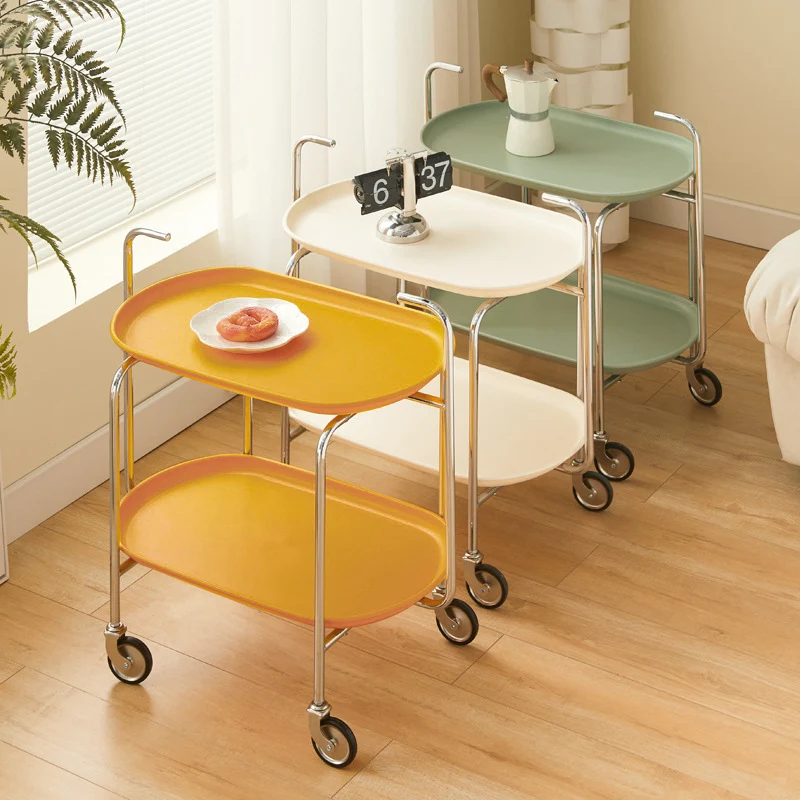 Contemporary Nordic ABS & Iron Oval Movable Side Table 2-Tier With Wheels & Handles For Living Room & Bedroom