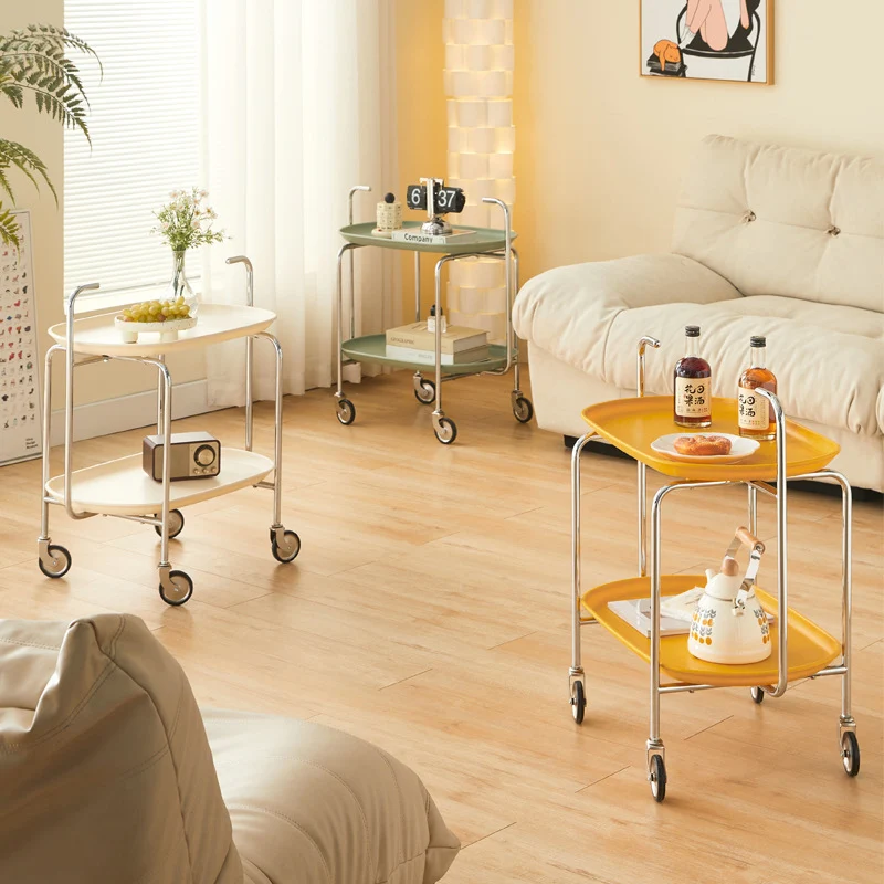 Contemporary Nordic ABS & Iron Oval Movable Side Table 2-Tier With Wheels & Handles For Living Room & Bedroom