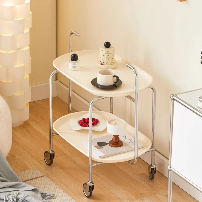 Contemporary Nordic ABS & Iron Oval Movable Side Table 2-Tier With Wheels & Handles For Living Room & Bedroom