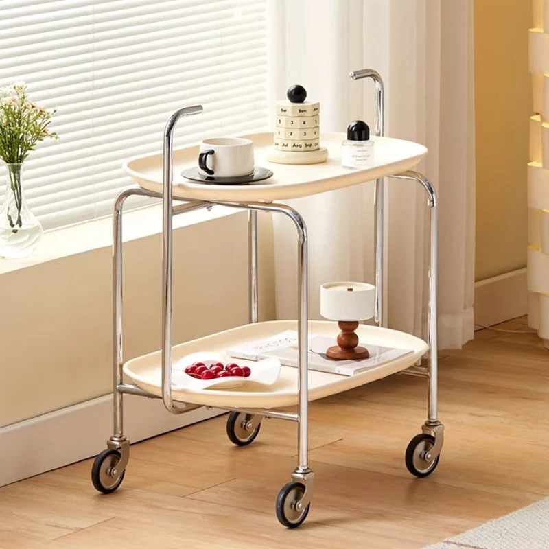 Contemporary Nordic ABS & Iron Oval Movable Side Table 2-Tier With Wheels & Handles For Living Room & Bedroom